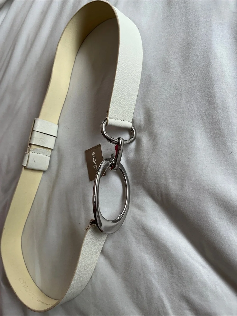 Chicos NWT Chloe 2size High Hip belt white silver oval buckle and hook